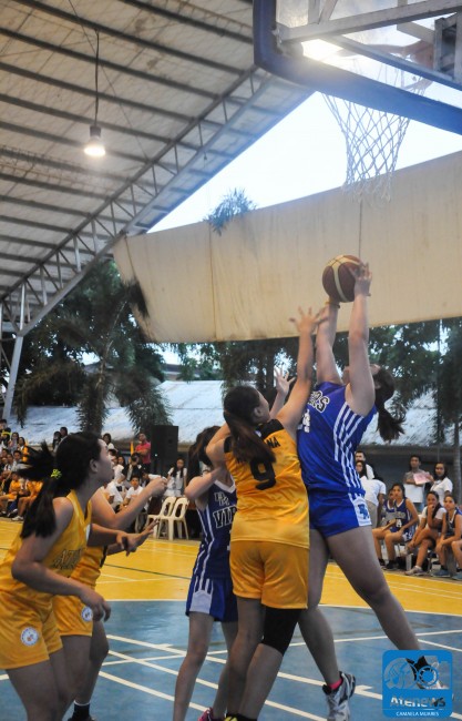 A Lady Viper shoots the ball over several Griffin defenders during the Women's Basketball Championship game. Photo by Camaela Mijares