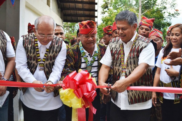 A joint undertaking. Ateneo de Davao University (AdDU) President Father Joel Tabora, S.J. and Department of Education (DepEd) Secretary Armin Luistro take the lead in the ribbon-cutting during the T'boli Senior High School Launching. Photo by the School of Education Creative Team.