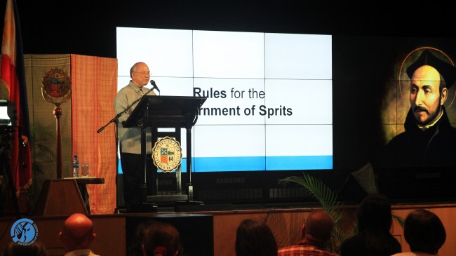 University President Fr. Joel Tabora, SJ discusses the discernment of spirits during this year's first Ignatian Conversation. Photo by Mark Louie Balladares