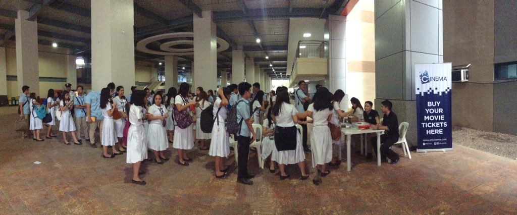 Students line up at the Arrupe Hall to buy movie tickets for the block screening of Ignacio de Loyola. (Photo from the official Twitter account of ADDU)